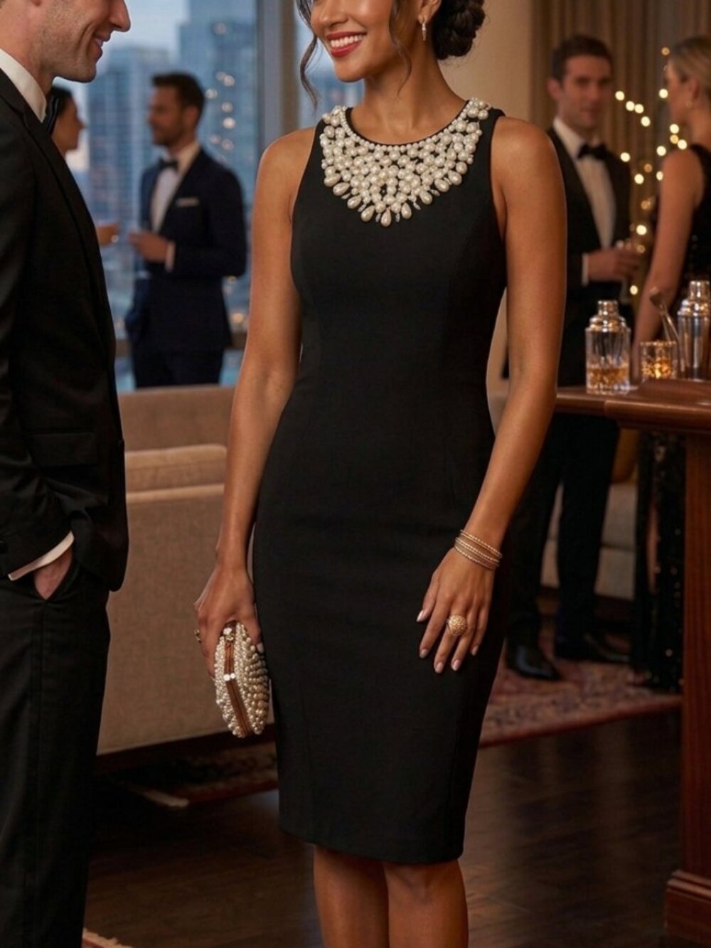Maggy London Black Sleeveless Lined Embellished Pearl Beaded Evening Dress